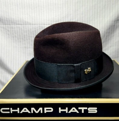 Vintage CHAMP Fedora Hat - D. Chocolate Fur Finish (LH), Melpo. & Thalia Pin ~ 7 - Image 1 of 4