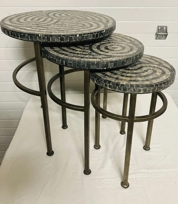 Vintage Mosaic Marble Tile 3 Nesting Tables Wrought Iron See Description - Image 1 of 4