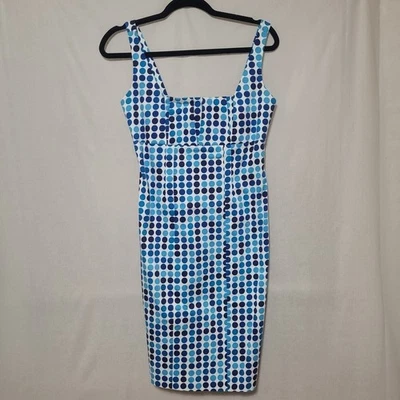 CALVIN KLEIN Size 2 AQUA BLUE POLKA DOT SHEATH DRESS PLEATED TOP Knee Length - Image 1 of 4