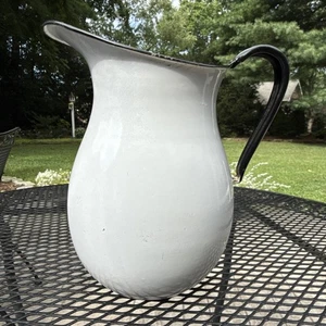 Vintage White Enamelware Enamel Milk Water Pitcher with Black Handle and Rim - Picture 1 of 17