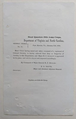 1864 CIVIL WAR GEN. BUTLER ORDER MAJOR COLE, COMMAND REGT 2nd US COLORED CAVALRY - Image 1 of 2