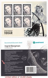 SS30 Sweden 2015 Scott #2756 canceled S/S cinema movie star Ingrid Bergman - Picture 1 of 5