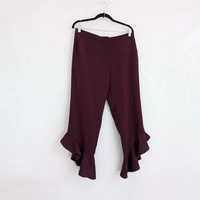 River Island Burgundy Frilly Crop Party Trousers With Side Pockets UK12 VGC - Image 1 of 4