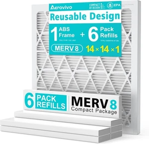 14x14x1 Refillable Air Filter Kit, MERV 8, 1 Reusable Frame ＆ 6 Refills AC HVAC - Picture 1 of 7