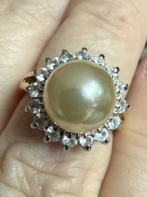 14K GE 戒指 珍珠和 CZ 光环戒指 尺寸 6 复古设计 — 第 1/4 张图片