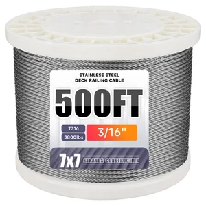 500FT 3/16" Stainless Steel Cable for Deck Cable Railing System, Premium T316... - Picture 1 of 7
