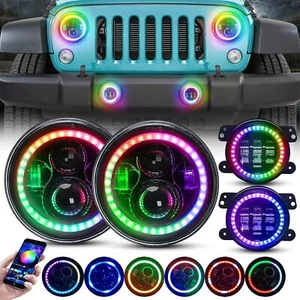 7Inch RGB LED Halo Headlights 4" Fog Lamp Combo Set for 07-18 Jeep Wrangler JK - Bild 1 von 11