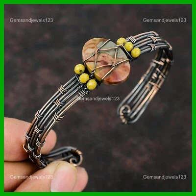 Brazalete envuelto en alambre con cuentas de coral amarillo piedra jaspe policromado joyería cobre Foto 1 de 4