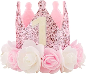 "Kbrand 1st Birthday Hat for Baby Girl – Rose Gold Pink Crown with Flowers" - Picture 1 of 11