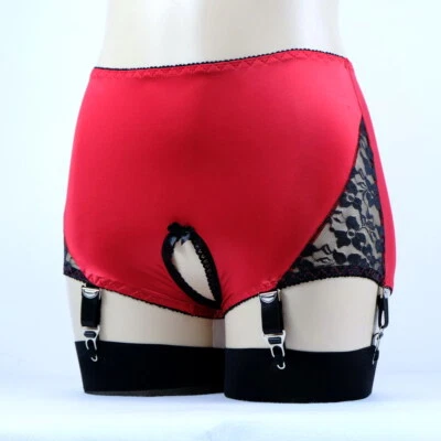 Bragas de liga Luxallacki sin entrepierna 6 correas clips de metal encaje satinado lencería Foto 1 de 4
