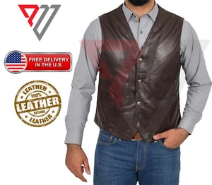 Mens Black Genuine Leather Motorcycle Vest/Slim Fit Sleeveless Jacket/Biker Vest - Picture 1 of 3