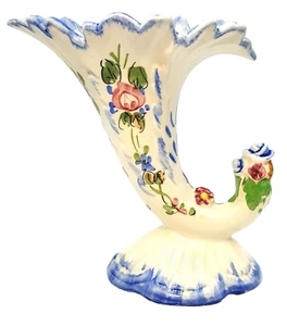 Jarrón de cuerno de colección Peasant Village PV Italia pintado a mano borde floral diente de sierra - Imagen 1 de 10