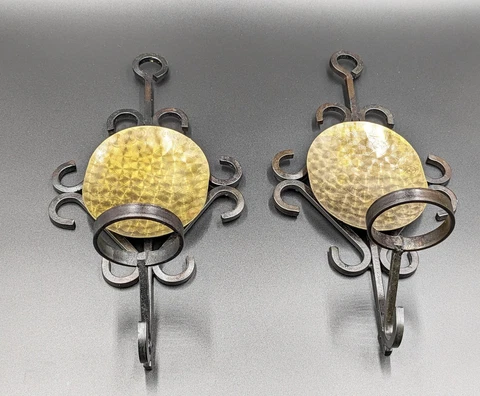 VTG OOAK 2 Wall Sconces Wrought Iron Brass Brutalist Family Room Man Cave Patio Cover