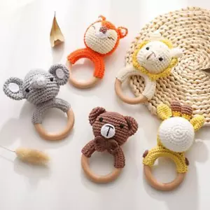 Baby Ratter Sound Toys Ring Wooden Teether Crochet Animals Newborn Bear Toy Gift - Picture 1 of 30