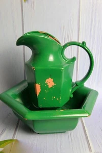 Dark Green Royal Haeger Pottery 214-USA Hexagon Shaped Pitcher and Bowl Set VTG - Picture 1 of 12