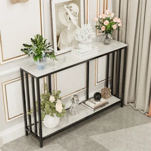 2-Tier Extra Long Glossy Marble Console Table Narrow Entryway Foyer Couch Table - Picture 1 of 15