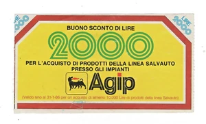 BUONO SCONTO COUPON VINTAGE AGIP CARBURANTI LINEA SALVAUTO LIRE 2000 ANNO 1986 - Imagen 1 de 2
