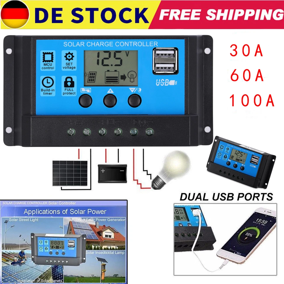30A PWM Solar Laderegler Charge Panel Controller Regulator Daul USB 12V-24V LCD - Bild 1 von 4