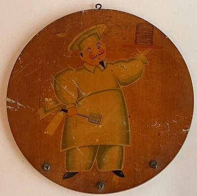 Depression Era Wooden Key Holding Plaque w Happy Chef dated 1936 - Image 1 of 4