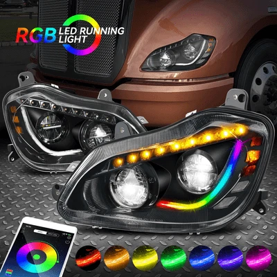 [RGB LED DRL + Señal de giro secuencial] Para 13-21 Kenworth T680 Faros Negro Foto 1 de 4