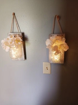Set of 2 - Rustic Wall Sconces - with Flowers, Mason Jars, LED Lights. No Remote - Image 1 of 4