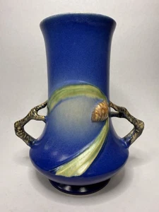 Roseville Pinecone Blue Vase 842-8” Double Handle Vintage Art Pottery USA B10 - Picture 1 of 18