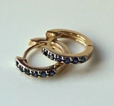 Lab-Created Sapphire 2Ct Round Cut Heggie Hoop Earrings 14K Yellow Gold Plated - Image 1 of 4