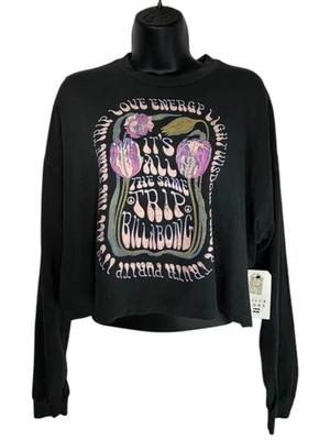BILLABONG Beach Boyfriend Crop Long Sleeve Tee XS Black Graphic Cotton Hand Dyed - Image 1 of 4