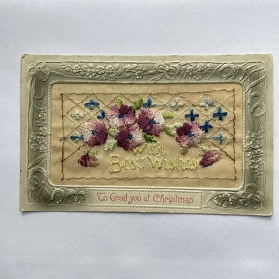 Embroidered Silk Postcard - With best wishes. To Greet you at Christmas. 1918.  - Image 1 of 4