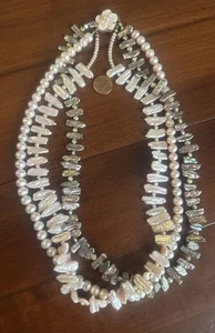 New White and Gray Freshwater 2 Biwa Pearl & 1 Strand Round 24" Necklace - Picture 1 of 3