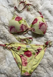 Vintage 80er Body Glove Bikini 2 Teiler Badeanzug Gelb Rot Rosen Medium Selten - Bild 1 von 15