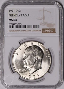 1971-D Friendly Eagle Eisenhower Dollar NGC MS-64 - Picture 1 of 5
