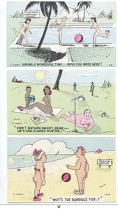 3 1956 NUDIST COMIC HUMOR Postcards: Swimming Pool, Sunlamp for Dad, Seaside - Picture 1 of 2