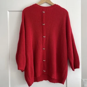 Oversized Red Sweater Silver Bow Buttons Drop Shoulder Coquette Womens Plus 3X - Picture 1 of 13