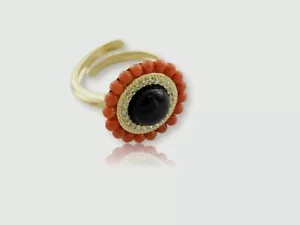 Anello TONDO in Argento 925 di Corallo ROSSO Pietra Onice da Donna e Regolabile - Foto 1 di 3