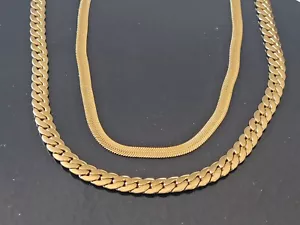 Gold Plated 2 Layers Stainless Steel Flat Cuban & Herringbone Necklace Set - Picture 1 of 6