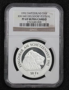 1992 Switzerland Dielsdorf Shooting Festival Thaler 50 Francs NGC PF69 3IET - Picture 1 of 4