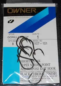 Owner Gorilla Light Hooks Black Chrome - Size 1 - Pack of 8 Saltwater Bait Hooks - Picture 1 of 2
