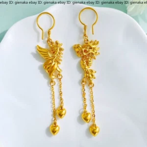 Pure 999 24K Yellow Gold Women Lucky Dragon Phoenix Dangle/Drop Earrings 5.2g - Picture 1 of 5