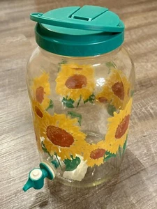 Vintage Sun Tea Sunflower Jug Glass Jar Green Pitcher 1 Gallon - Picture 1 of 10