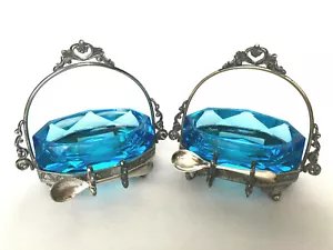Antique MASTER SALT Silverplate and Blue Glass Insert with Spoon ONE PAIR - Picture 1 of 12
