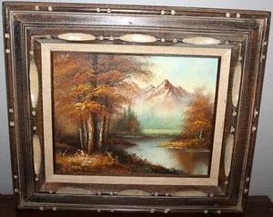 VINTAGE LANDSCAPE OIL PAINTING MOUNTAIN RIVER IN AUTUMN TIME ON CANVAS 18 X 21" - Picture 1 of 2