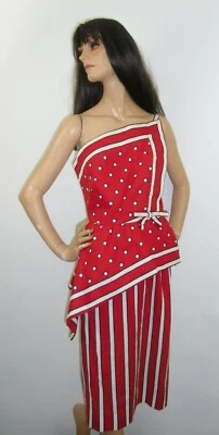 Vtg 70s Victor Costa Red Peplum One Shoulder Cocktail Dress Dots Stripes Mod - Image 1 of 4