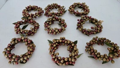 3 Country Primitive Brown & Deep Red Holly Berry Taper Candle Ring/Ornament~3.5" - Image 1 of 4