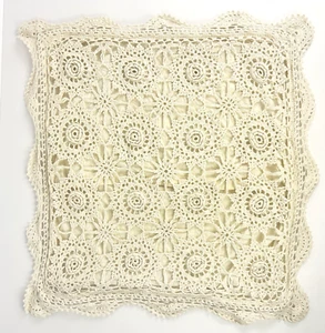 Vintage Crochet Pillow Case Scalloped Edge Flower 100% Cotton Ivory Lace Cottage - Picture 1 of 11