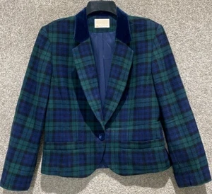 Vintage Pendleton Womens Blue Wool Plaid Velvet Trim Blazer Jacket Size 8 USA - Picture 1 of 13