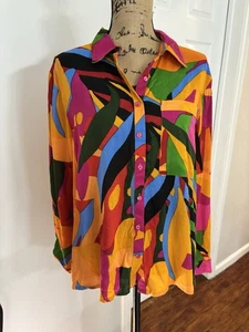 True destination relaxed fit button up crop colorful blouse size medium NWT - Picture 1 of 8