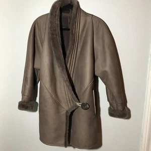 VTG Spolek handmade designer sheepskin with shearling brown wrap coat USA WOW - Picture 1 of 14