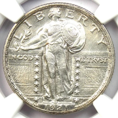 Монета номиналом 25 центов 1921 с изображением стоящей Свободы. Сертифицированная NGC деталь не бывшая в обращении UNC MS - Изображение 1 из 4