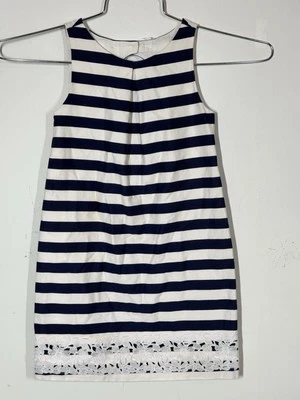 Janie and Jack Chic Blooms Striped Shift Dress Keyhole Neck Bow Size 6 Lace Trim - Image 1 of 4